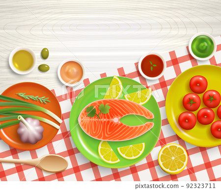 Flat Lay Cooking Tablecloth Wood Background Flat Lay Cooking Tablecloth Wood Background 92323711
