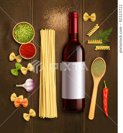Dry Pasta Wine Realistic Composition Poster 92323721