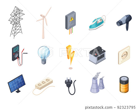 Electricity Isometric Icons Set 92323795