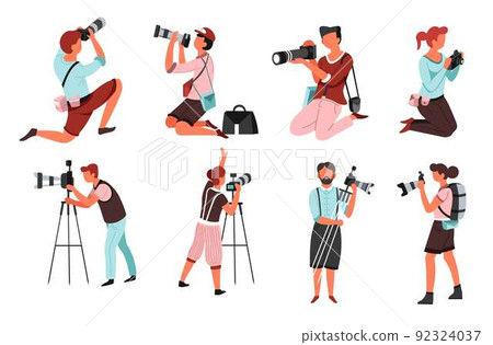 Photo camera and photographers men and women with isolated male and female characters vector 92324037