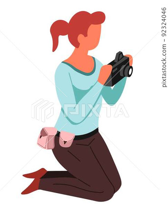 Journalist or paparazzi photographer on knees photo camera vector isolated Journalist or paparazzi photographer on knees photo camera vector isolated 92324046