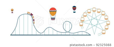 Attractions and big top circus amusement park ice cream vector roller coaster and air balloon 92325088