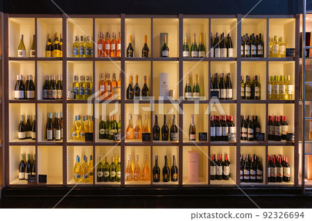 wine and champagne in wooden shelves 92326694