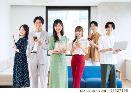 Men and women Gen Z friends college students share house living 92327196