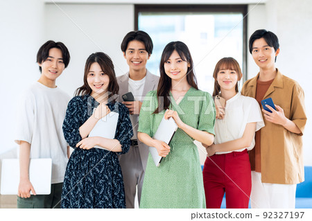 Men and women Gen Z friends college students share house living 92327197