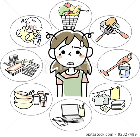 A young woman exhausted from the busyness of housework and childcare work 92327489