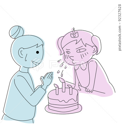 A mother watching over a child who is too enthusiastic about erasing candles on a birthday cake and throws a brim 92327628