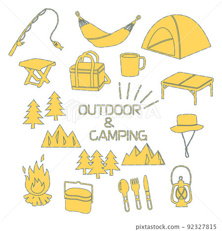 用線條繪製的戶外露營圖標集，具有疏漏感 92327815