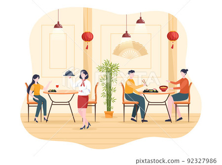 People Eating Japanese Food in the Restaurant with Various Delicious Dishes in Flat Style Cartoon Illustration 92327986