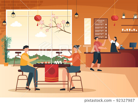 People Eating Japanese Food in the Restaurant with Various Delicious Dishes in Flat Style Cartoon Illustration 92327987