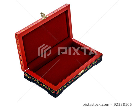 Empty Open wooden jewelry box with Red velvet lining and flower Pattern on white background. used for storing small things, Luxury packaging for anything Empty Open wooden jewelry box with Red velvet lining and flower Pattern on white background. used for storing small things, Luxury packaging for anything 92328166
