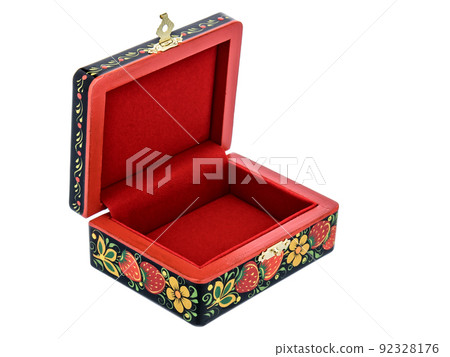 Empty Open wooden jewelry box with Red velvet lining and flower Pattern on white background. used for storing small things, Luxury packaging for anything 92328176