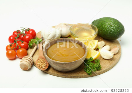 Concept of cooking with honey mustard sauce and ingredients 92328233