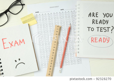 Concept of exams and tests, top view Concept of exams and tests, top view 92328270