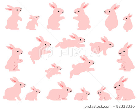 Illustration set of pink rabbit parent and child in various poses Illustration set of pink rabbit parent and child in various poses 92328330