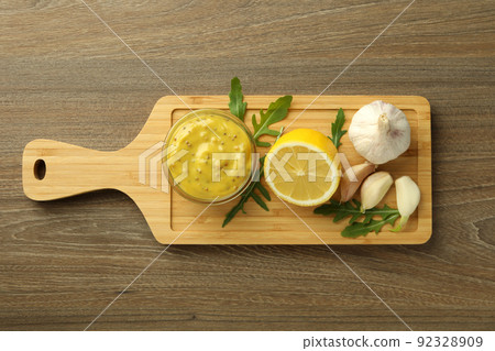 Concept of tasty food with sauce, top view Concept of tasty food with sauce, top view 92328909