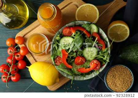 Concept of tasty food with sauce, top view Concept of tasty food with sauce, top view 92328912