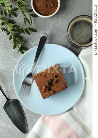 Concept of tasty dessert with Tiramisu cake, top view 92329112