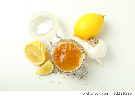Concept of tasty food with sauce, top view Concept of tasty food with sauce, top view 92329189
