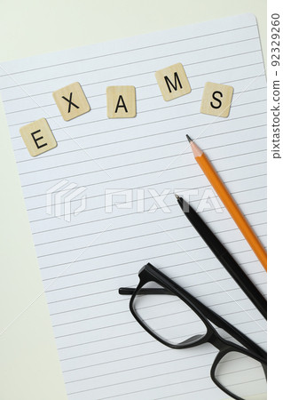 Concept of exams and tests, top view Concept of exams and tests, top view 92329260