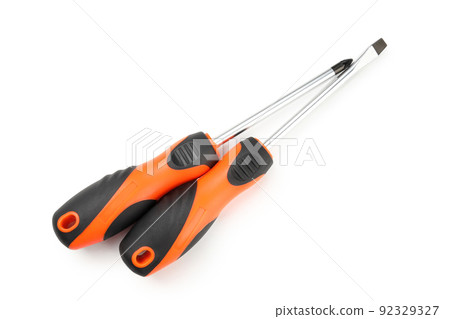 Two orange screwdrivers isolated on white background 92329327