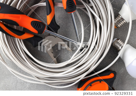 Concept of electrician or electrical tools, close up 92329331