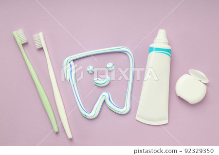 Concept of tooth or oral care, top view 92329350