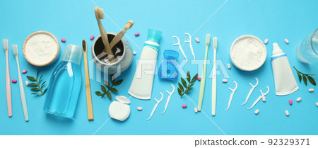 Concept of tooth or oral care, top view 92329371