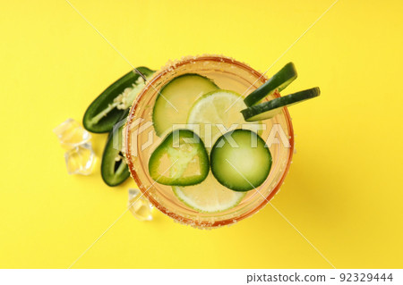 Concept of drink with Jalapeno cocktail, top view 92329444