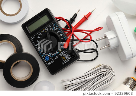 Concept of electrician or electrical tools, top view 92329608