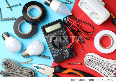 Concept of electrician or electrical tools, top view Concept of electrician or electrical tools, top view 92329609