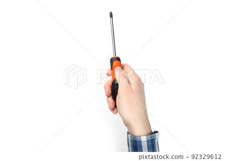 Male hand holds screwdriver, isolated on white background 92329612