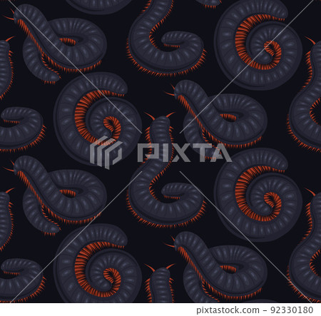 Dark vector seamless pattern with scary centipedes on gray background. Texture with cartoon julida. Gloomy fabric with millipede insect. 92330180