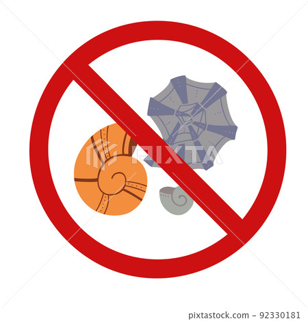 Seashells in the prohibition sign. Vector forbidden sign with shellfish for stickers. Allergy danger. 92330181