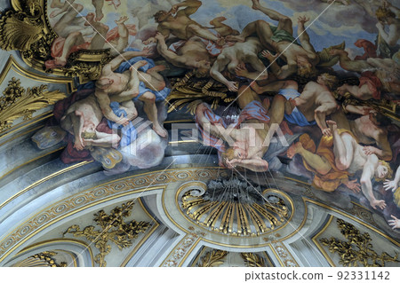 The ceiling fresco of The Fall of the Rebelious Angels in church dei Santi XII Apostoli in Rome, Italy The ceiling fresco of The Fall of the Rebelious Angels in church dei Santi XII Apostoli in Rome, Italy 92331142