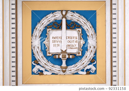 Sword symbol of Saint Paul, stucco decoration, basilica of Saint Paul Outside the Walls, Rome, Italy 92331158