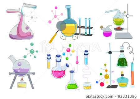 Laboratory equipment. Flask, beaker and other chemical and medicine lab measuring equipment. Vector illustration for chemistry, medical research, science concept Laboratory equipment. Flask, beaker and other chemical and medicine lab measuring equipment. Vector illustration for chemistry, medical research, science concept 92331386