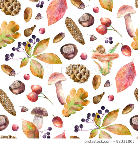 Seamless pattern with watercolor illustrated mushrooms, leaves, berries, chestnuts and cones. Hand drawn fall elements. Autumn background for packaging, invitation and greeting card. 92331805