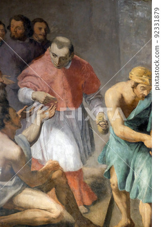 Charity of St. Charles Borromeo altarpiece by Francesco Cozza in Chapel of St Michael the Archangel, Basilica di Sant Andrea delle Fratte, Rome, Italy Charity of St. Charles Borromeo altarpiece by Francesco Cozza in Chapel of St Michael the Archangel, Basilica di Sant Andrea delle Fratte, Rome, Italy 92331879