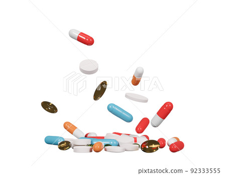 Colourfull flying pills isolated on white background. Medicines, tablets and pharmacy. Cut out. Health, healthcare concept. 3d rendering. 92333555