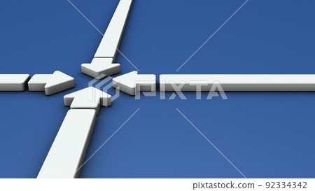 White arrows gathered from four sides. The concept of unity and cooperation. 3D rendering. 92334342