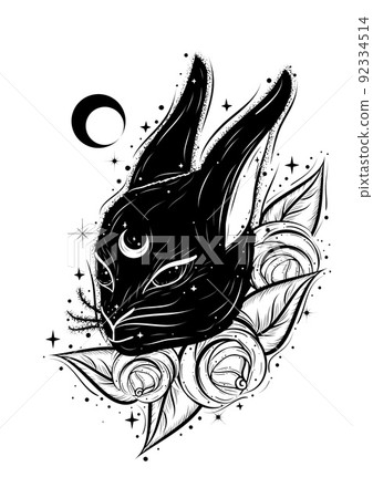 Boho abstract illustration with magic rabbit and roses. Decorative drawing in flash tattoo style. Alice in wonderland motifs. 92334514