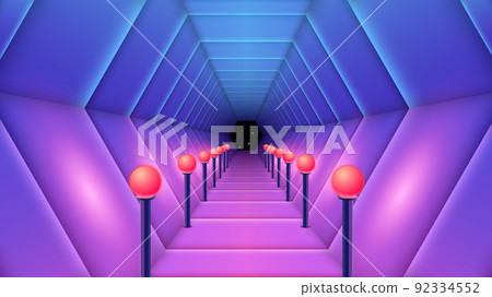 Synthwave styled corridor with red lamps. Space station dock or club entry background for invitations and flyers. Sci-fi tunnel with light balls. 92334552