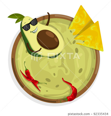 Avocado character swims in bowl of spicy mexican guacamole sauce. Spicy chips. Cartoon vector isolated on white background Avocado character swims in bowl of spicy mexican guacamole sauce. Spicy chips. Cartoon vector isolated on white background 92335434