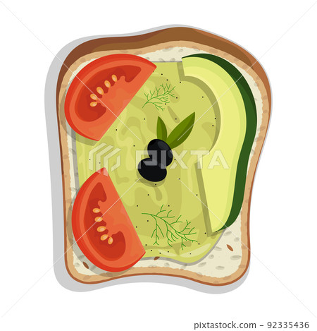 Sandwich with spicy Mexican sauce, avocado, tomatoes and olives. Light healthy breakfast. Cartoon vector isolated on white background 92335436