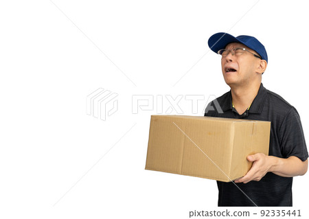 Depressed deliveryman with cardboard 92335441