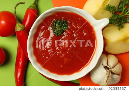 Concept of tasty food with adjika, top view Concept of tasty food with adjika, top view 92335567