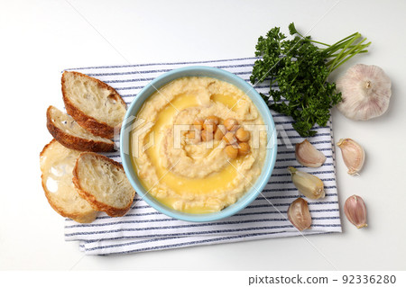 Concept of tasty food with hummus, top view 92336280