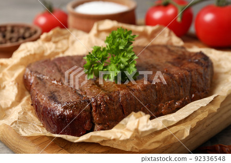 Concept of tasty food with beef steak, close up 92336548