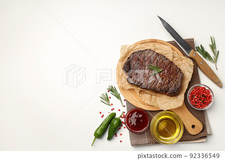Concept of tasty food with beef steak, space for text 92336549